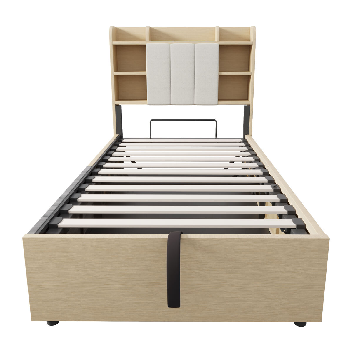 Cama de madeira 90x200 cm - cama hidráulica, com cabeceira e arrumação, portas usb e tomada tipo c - madeira natural