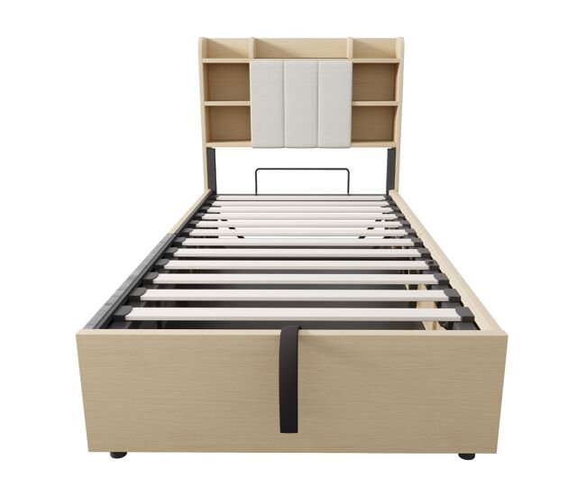 Cama de madeira 90x200 cm - cama hidráulica, com cabeceira e arrumação, portas usb e tomada tipo c - madeira natural