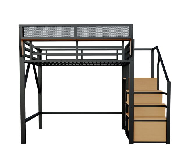 Cama alta 140x200 - com escada de segurança e compartimento de arrumação flexível - preto