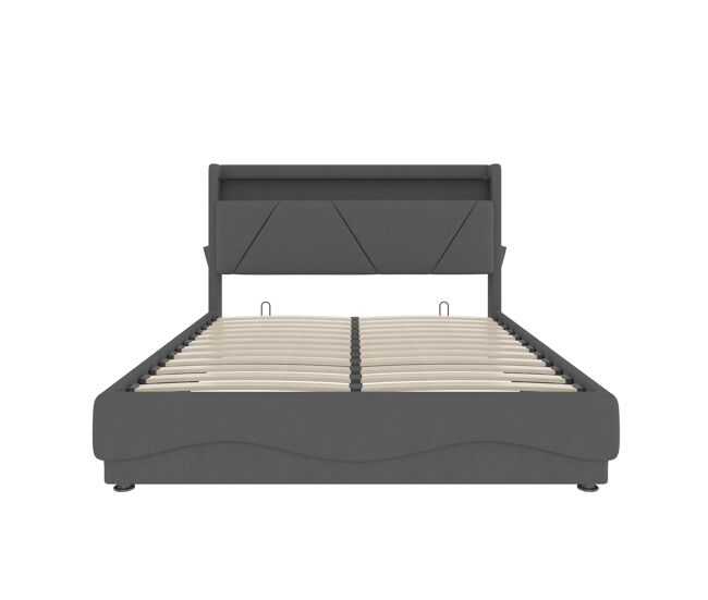 Cama estofada 140x200 cm - cabeceira com led e superfícies de arrumação, sistema de base de gás, portas usb certificadas, bolsos laterais - cinza