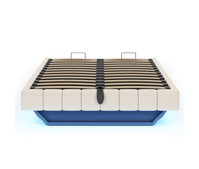 Cama estofada 140x200 cm - estrutura flutuante hidráulica com arrumação, cama multifuncional sem cabeceira com luz led - bege