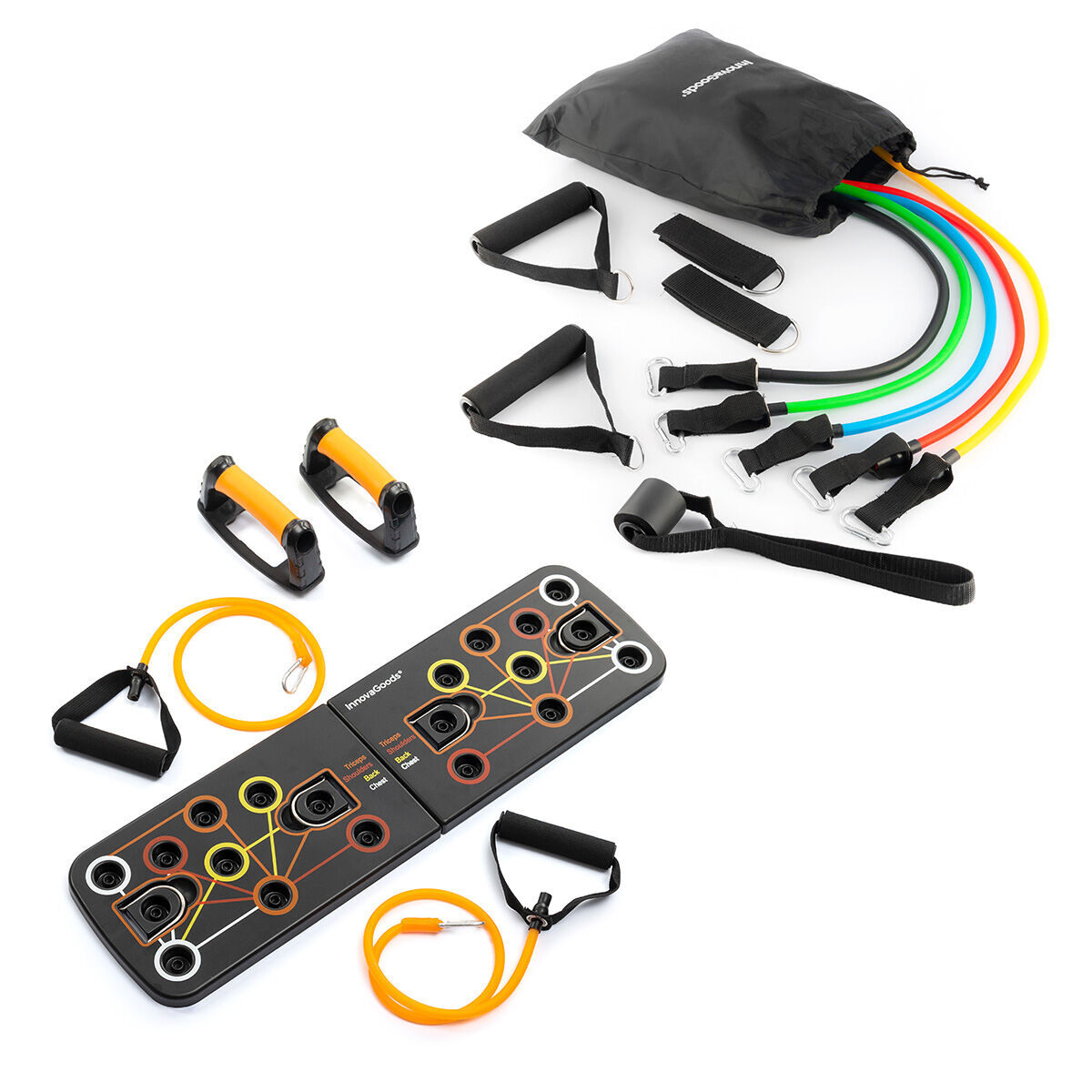 Pack Prancha de flexões push-up e Conjunto de Elásticos de Resistência com Acessórios e Guia de Exercícios