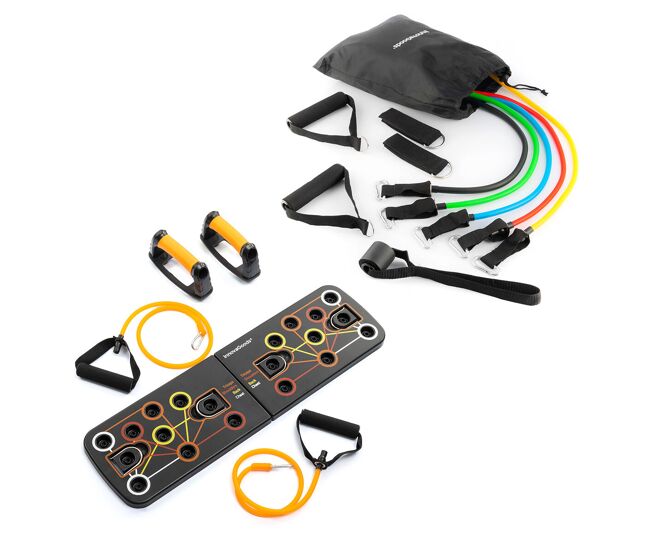 Pack prancha de flexões push-up e conjunto de elásticos de resistência com acessórios e guia de exercícios innovagoods