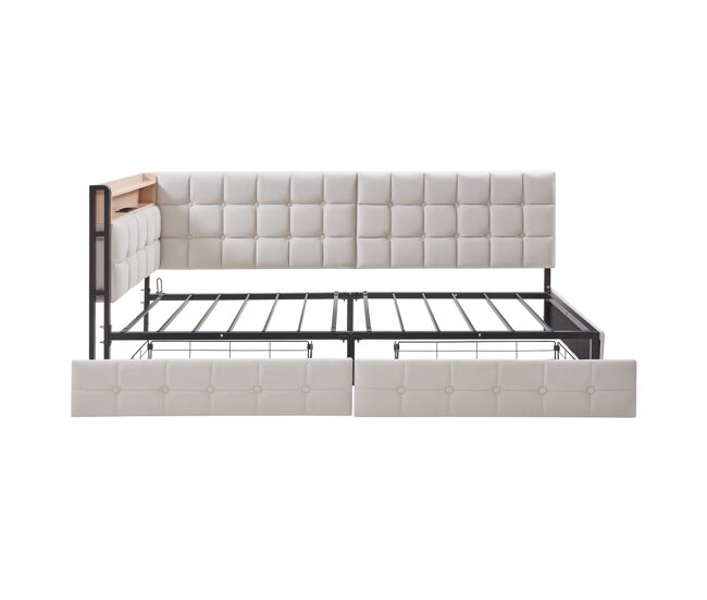 Sofá-cama infantil 90x200 - 2 gavetas, luz led noturna, portas usb e tipo c - bege