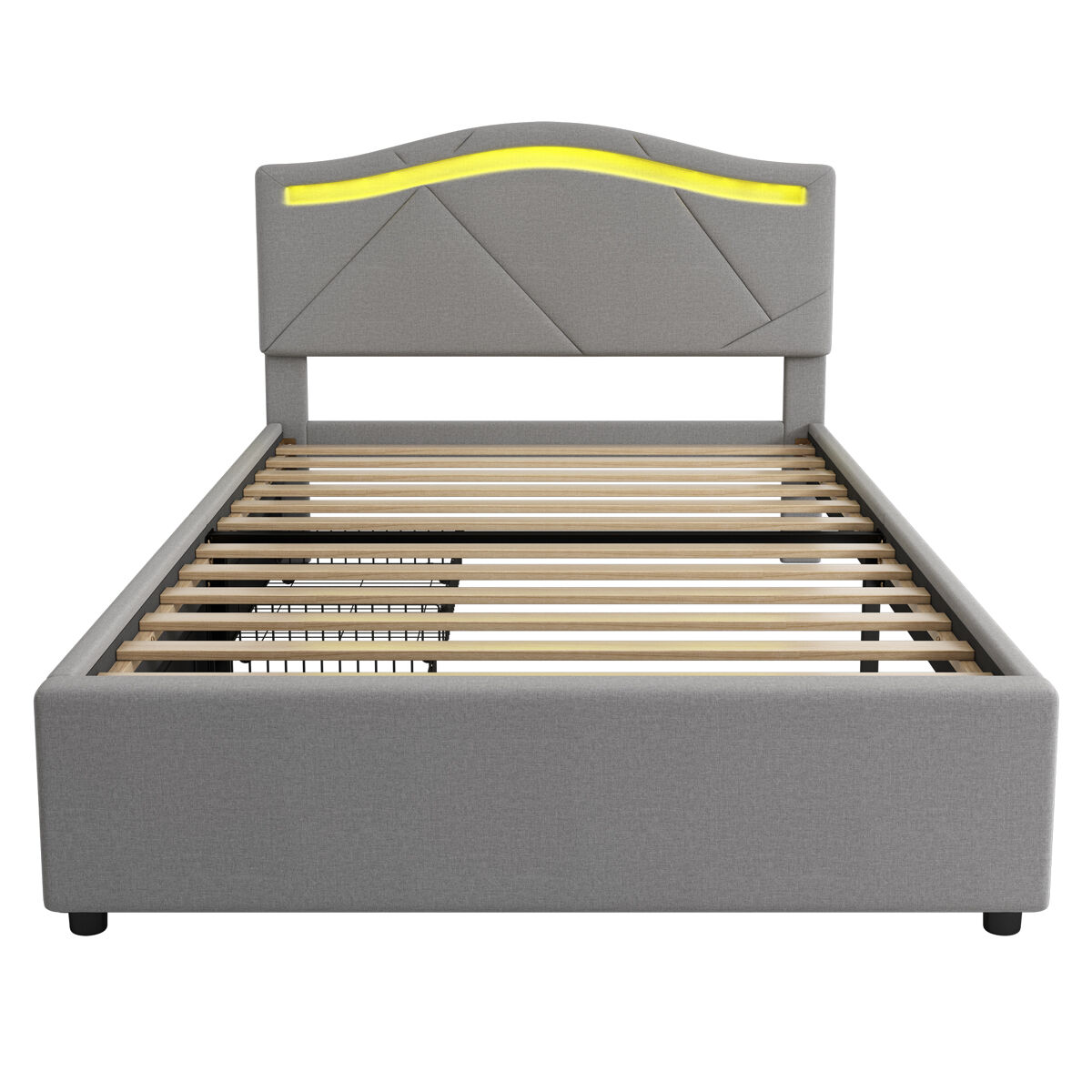 Cama estofada 90x200cm - com estrado (sem colchão), iluminação ambiente controlada por controlo remoto, com duas gavetas, encosto ajustável, leinen,