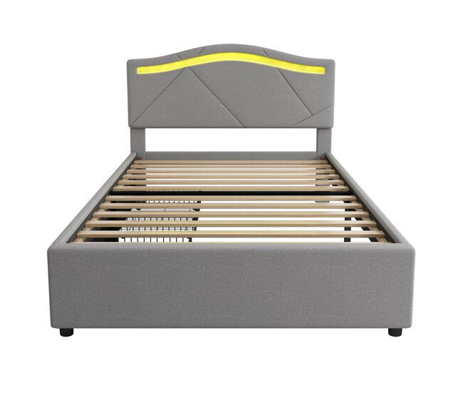 Cama estofada 90x200cm - com estrado (sem colchão), iluminação ambiente controlada por controlo remoto, com duas gavetas, encosto ajustável, leinen,