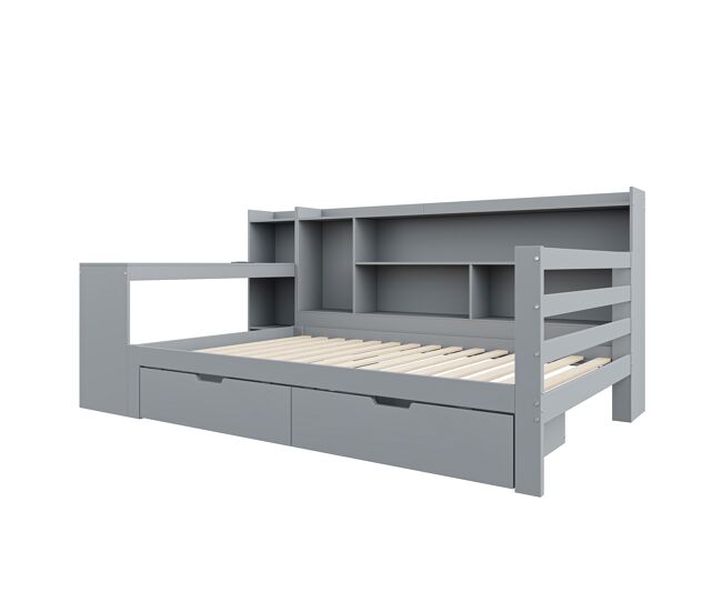 Sofá-cama 90 x 200 cm - com secretária, estante, compartimentos e tomada elétrica - cinza