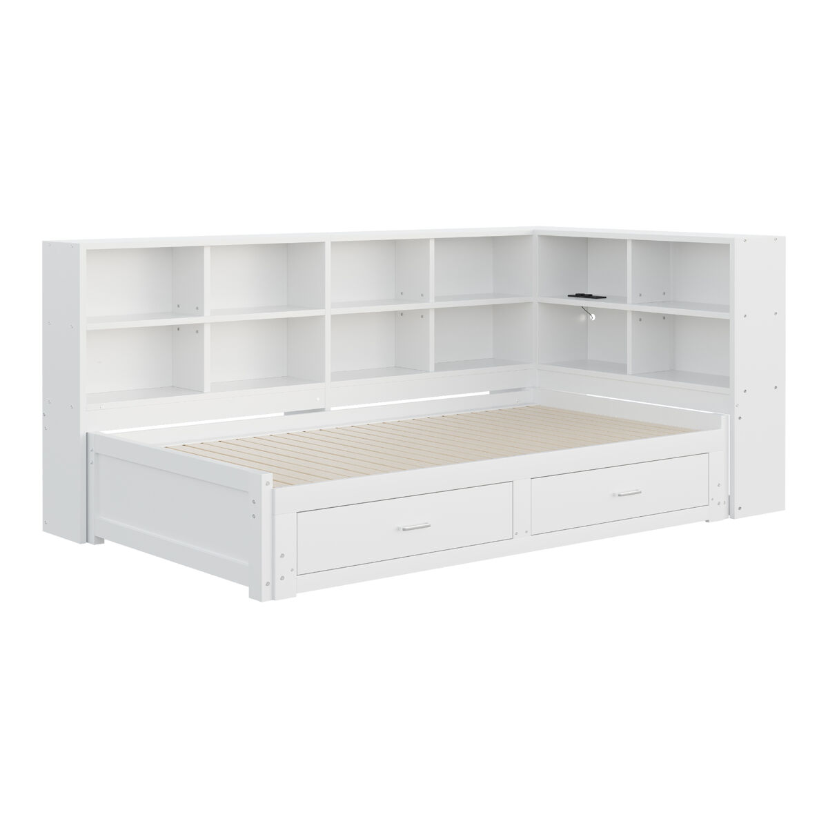 Sofá-cama multifuncional 90/180*190 cm - com cama extraível, compartimento de arrumação, tomada euro, gavetas, estrado - branco