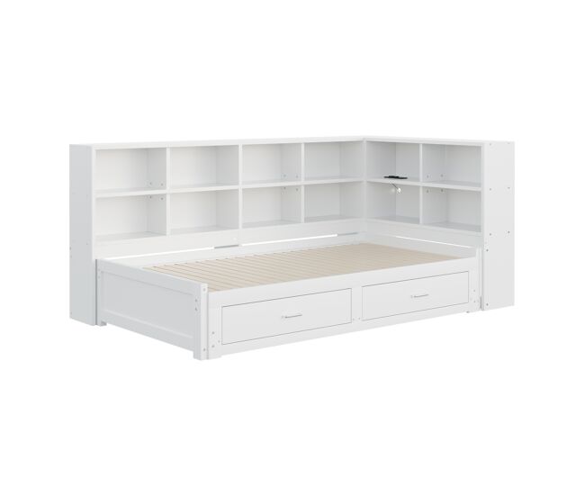 Sofá-cama multifuncional 90/180*190 cm - com cama extraível, compartimento de arrumação, tomada euro, gavetas, estrado - branco