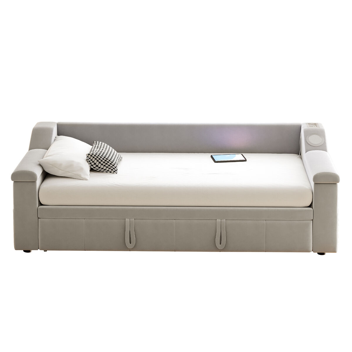 Sofá-cama 90/180x190 cm - braço largo e grosso, com sistema de som bluetooth inteligente, com porta usb, com compartimentos, com estrado, tecido de