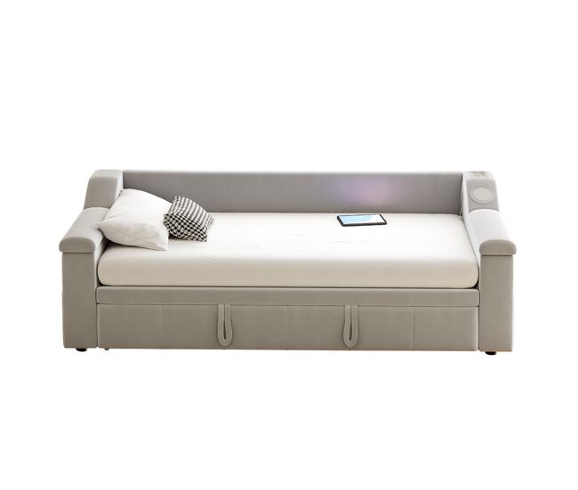 Sofá-cama 90/180x190 cm - braço largo e grosso, com sistema de som bluetooth inteligente, com porta usb, com compartimentos, com estrado, tecido de