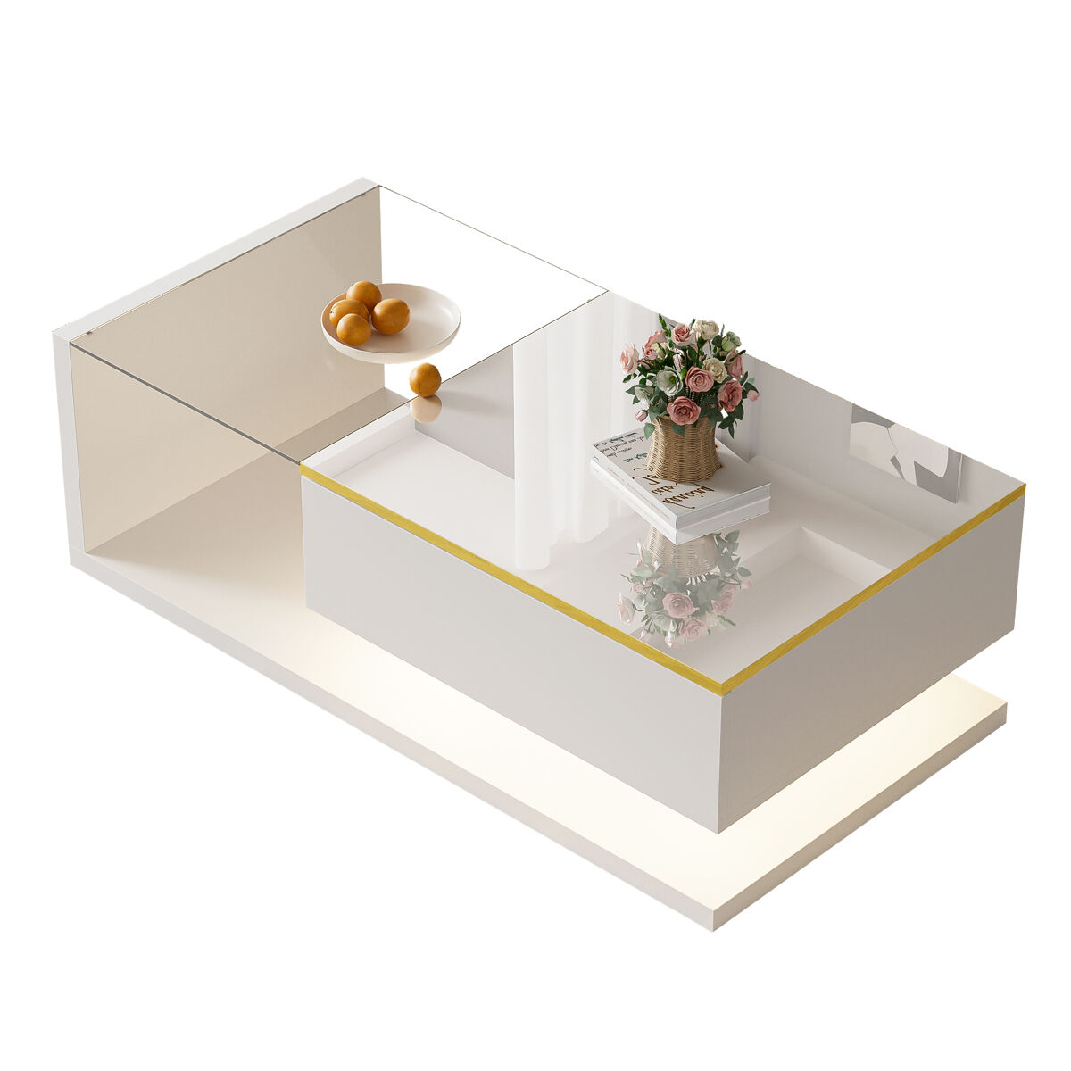 Mesa de centro retangular de painel de partículas com 1 porta giratória e luz led,branco