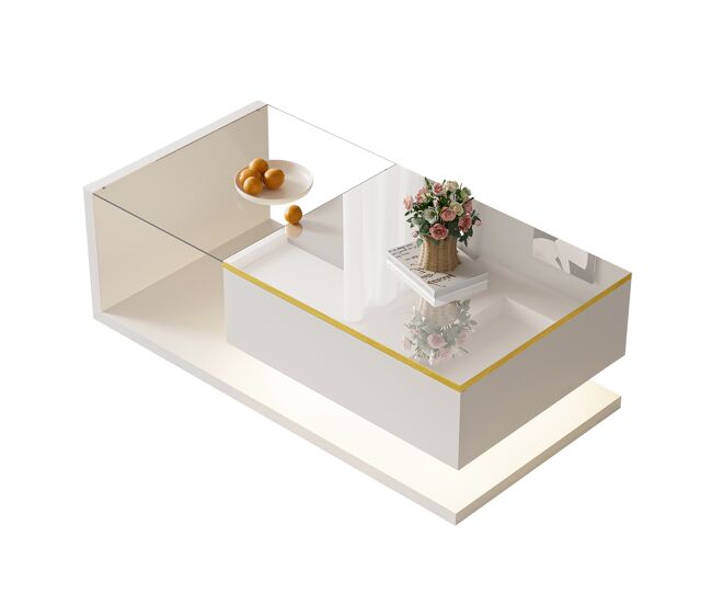 Mesa de centro retangular de painel de partículas com 1 porta giratória e luz led,branco