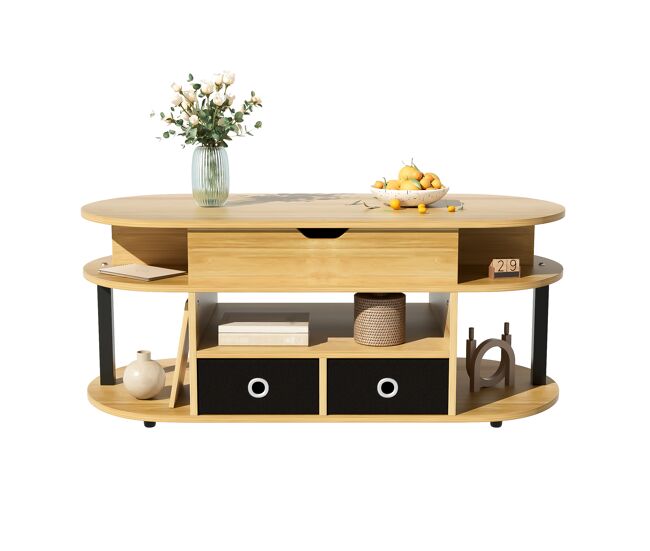 Mesa de centro elevável oval de painel de partículas com 2 gavetas,natural+preto