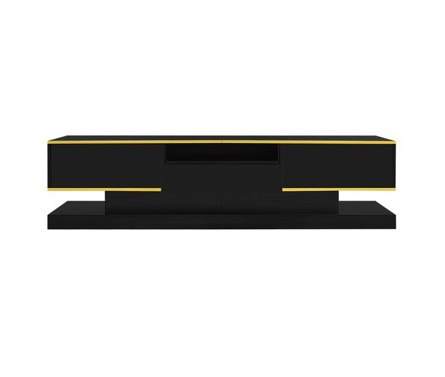 Móvel de tv 180cm de painel de partículas com 3 gavetas e luz led,preto+dourado