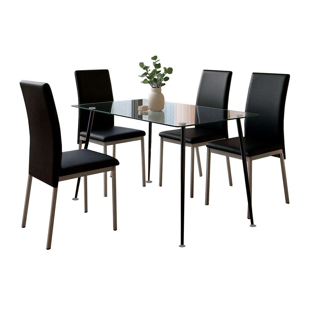 Conjunto de jantar Saona com mesa fixa de vidro e 4 cadeiras de metal em couro sintético