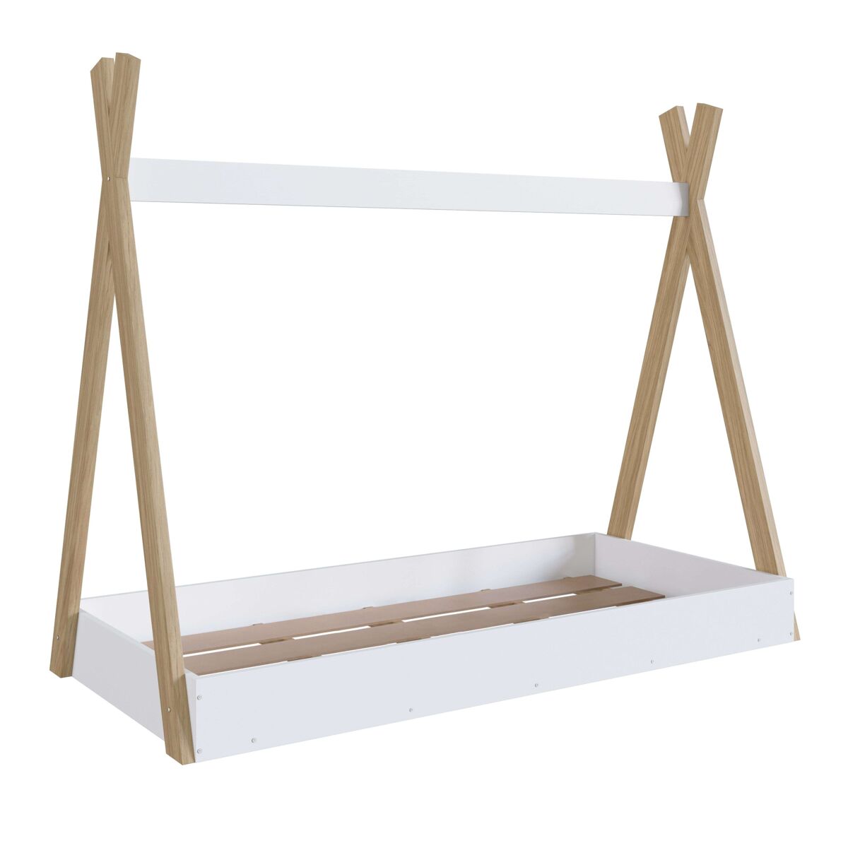 Cama tipi infantil montessori, cama infantil com estrado de ripas, branco mate e melamina carvalho 80x190 cm