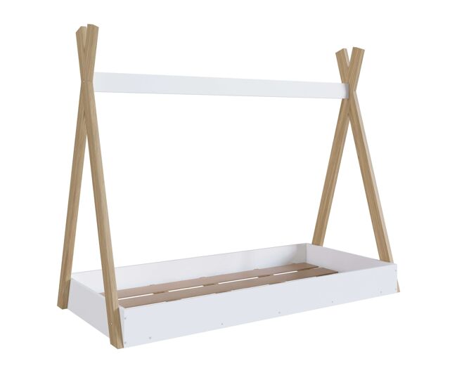 Cama tipi infantil montessori, cama infantil com estrado de ripas, branco mate e melamina carvalho 80x190 cm