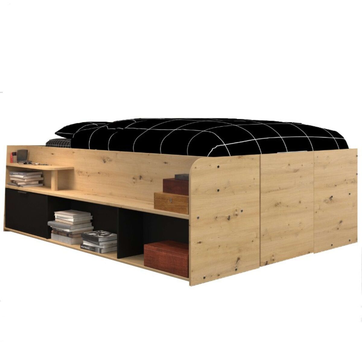 Cama alta com estrado de ripas e espaço de arrumação em carvalho e preto 135/140x193/200 cm