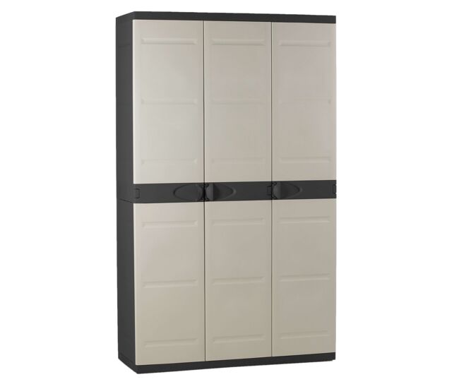 Armário de jardim de titânio com 3 portas, armário de resina com 4 prateleiras ajustáveis, preto, 105 x 176 x 41 cm