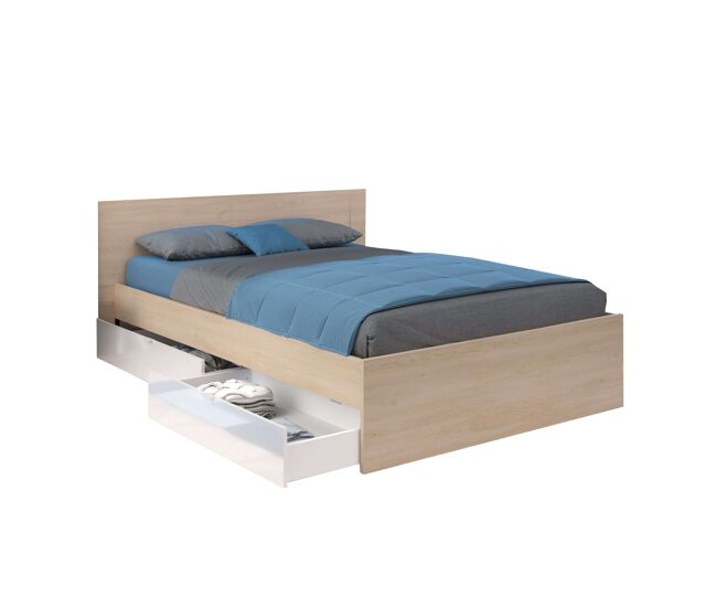 Cama de casal john com gavetas em carvalho brooklyn e branco brilhante 135-140x190 cm