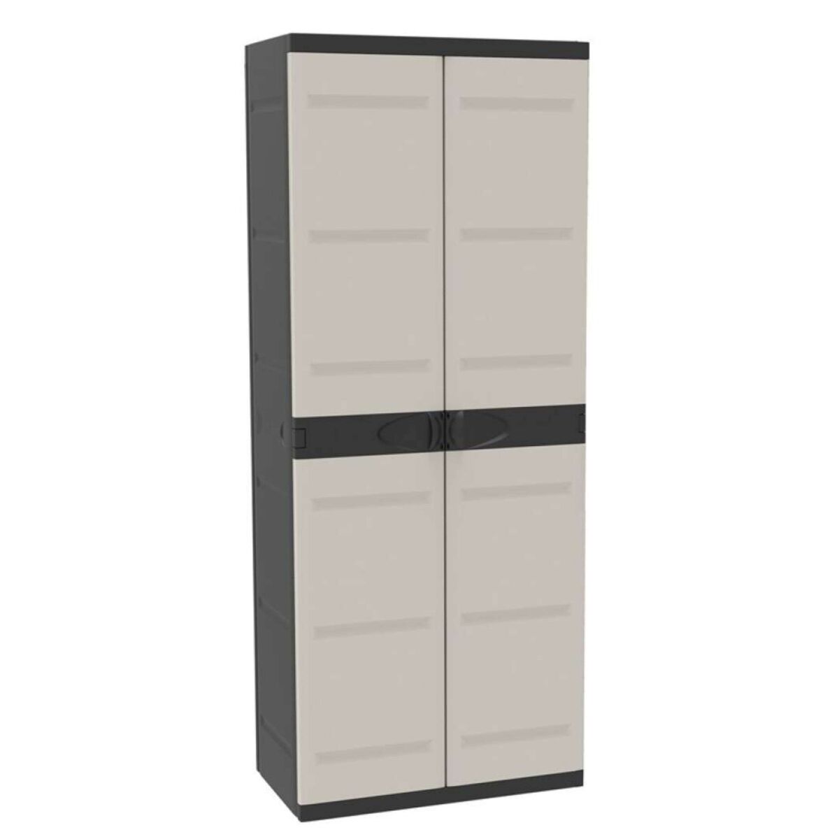 Armário de vassouras de resina de titânio, armário externo com 2 portas e 4 prateleiras, preto, 70x176x41 cm