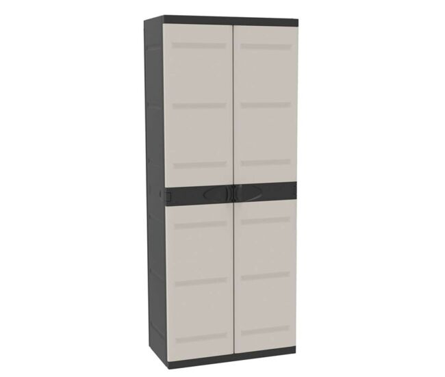 Armário de vassouras de resina de titânio, armário externo com 2 portas e 4 prateleiras, preto, 70x176x41 cm
