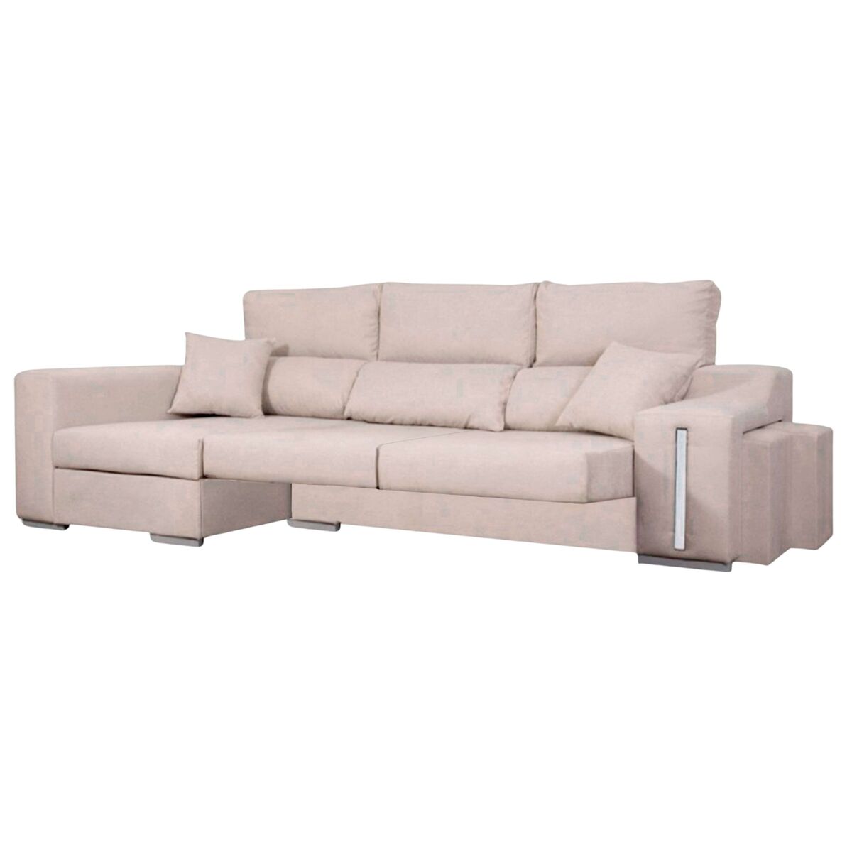 Sofá oscar chaise longue 3 lugares esquerdo, baú, 2 pufes, assentos extensíveis, bege, 263 cm