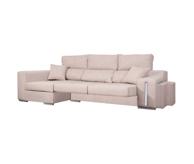 Sofá oscar chaise longue 3 lugares esquerdo, baú, 2 pufes, assentos extensíveis, bege, 263 cm