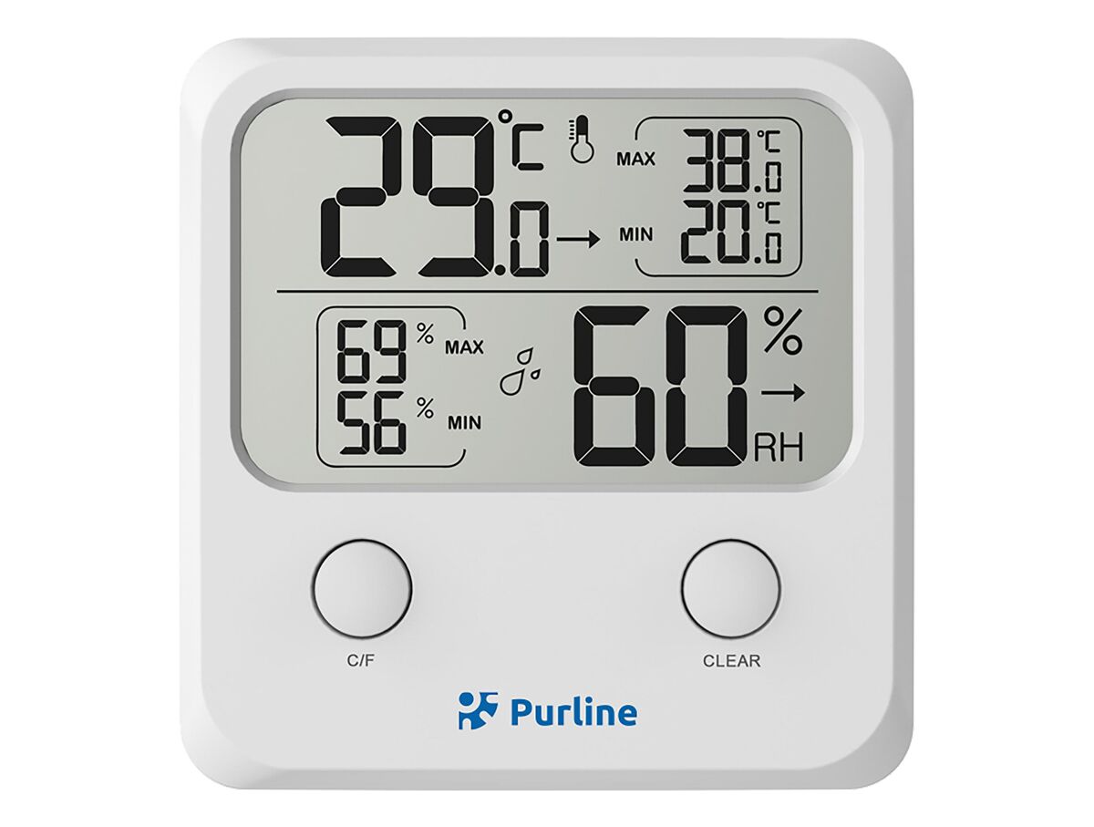 Estação meteorológica multifuncional que fornece informações sobre humidade, poluição e qualidade do ar ambiente. tem um ecrã lcd com ícones animados