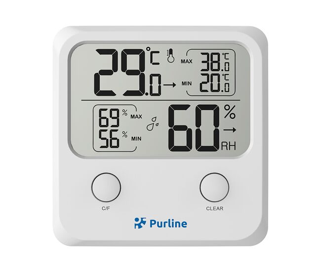 Estação meteorológica multifuncional que fornece informações sobre humidade, poluição e qualidade do ar ambiente. tem um ecrã lcd com ícones animados