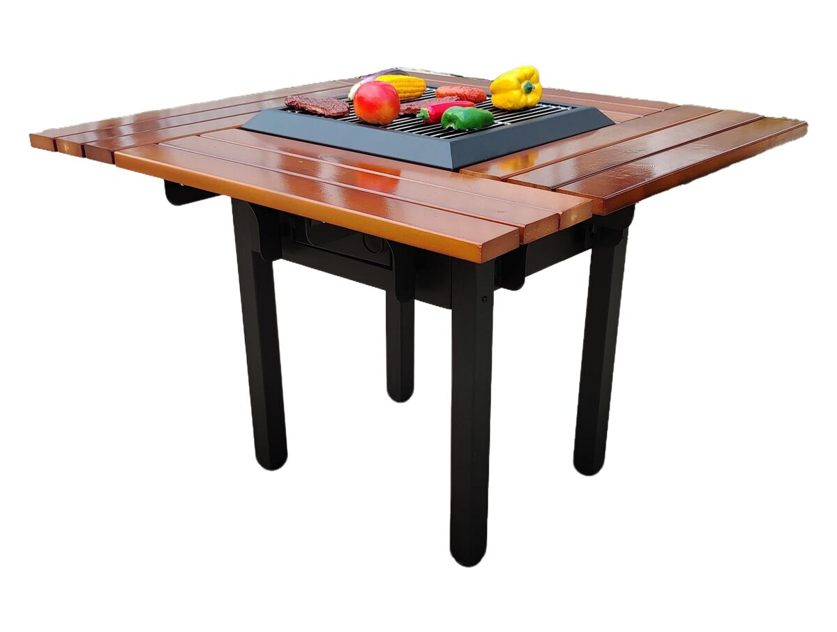 Mesa de churrasco com grelhador e tampo de madeira