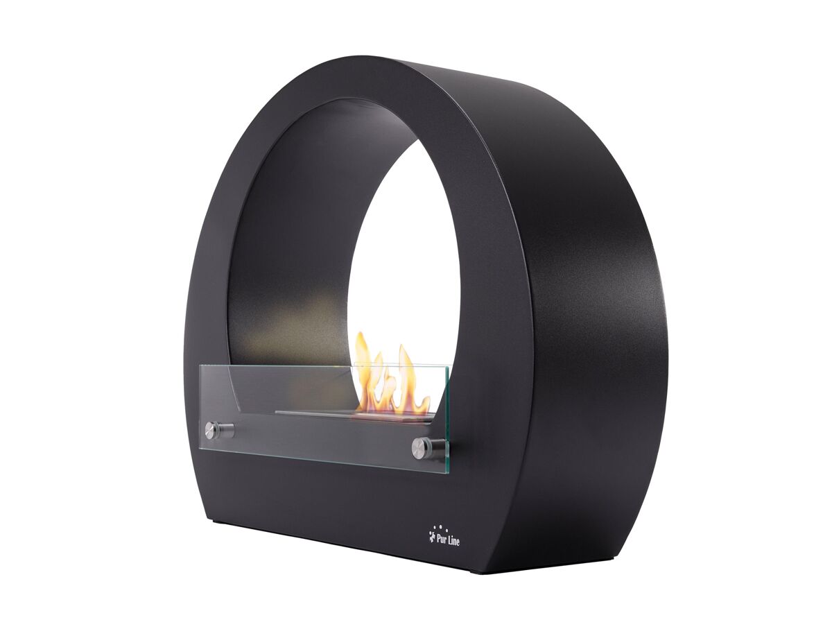 Lareira a etanol com um desenho circular com acabamento em aço inoxidável e aço esmaltado. inclui um bloco de combustão de 1,5l de capacidade que