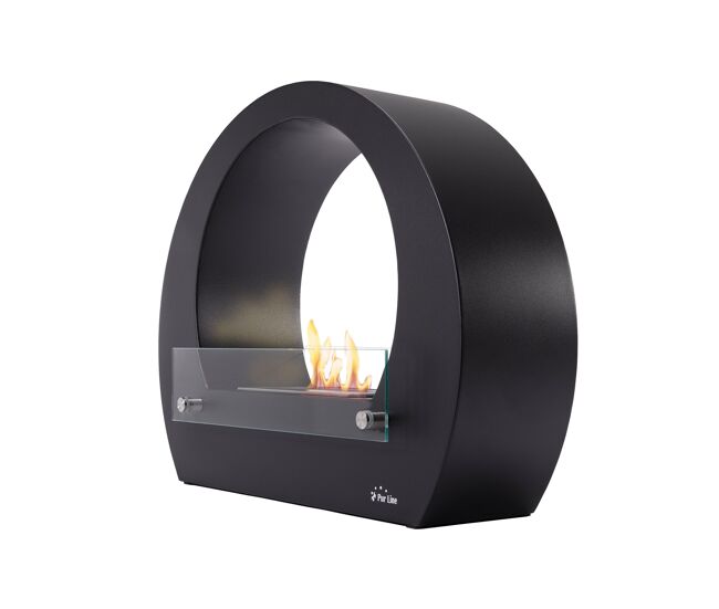 Lareira a etanol com um desenho circular com acabamento em aço inoxidável e aço esmaltado. inclui um bloco de combustão de 1,5l de capacidade que
