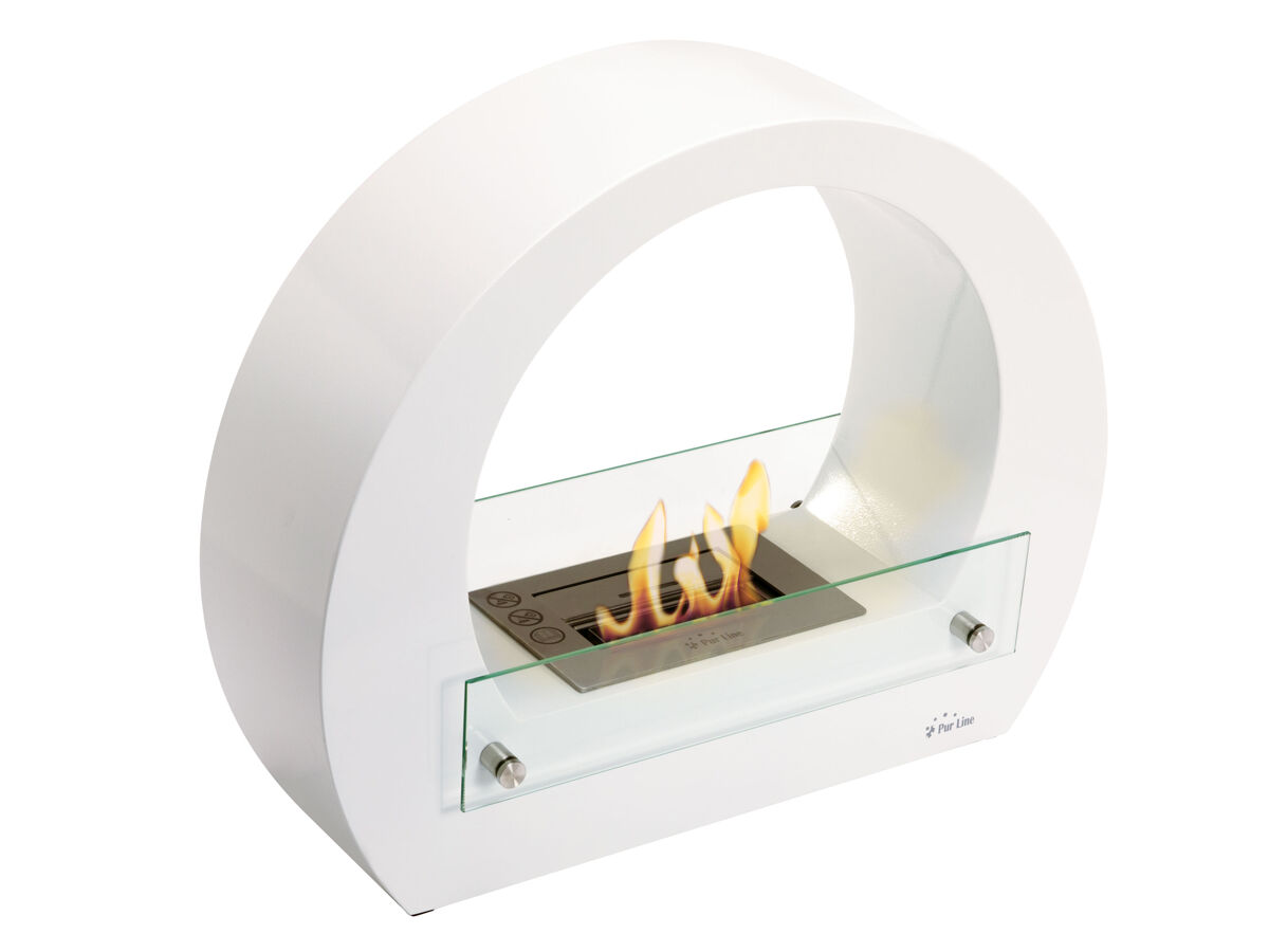 Lareira a etanol com um desenho circular com acabamento em aço inoxidável e aço esmaltado. inclui um bloco de combustão de 1,5l de capacidade que