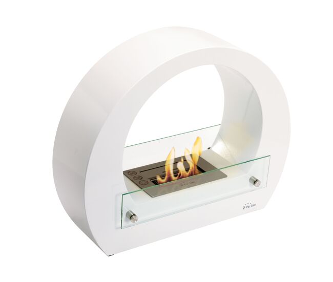 Lareira a etanol com um desenho circular com acabamento em aço inoxidável e aço esmaltado. inclui um bloco de combustão de 1,5l de capacidade que