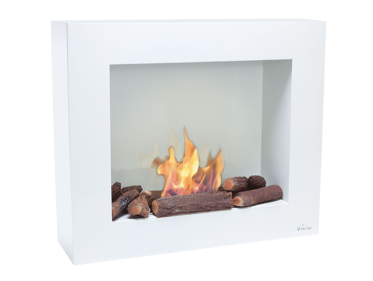 Lareira a etanol de 1,75kw e 1,2l de capacidade. desenho rectangular em aço lacado a branco