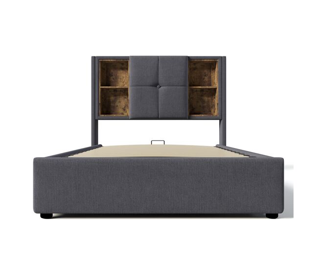 Cama individual 90x200 cm - carregamento sem fios usb c, com arrumação e estrado de madeira - cinza algodão