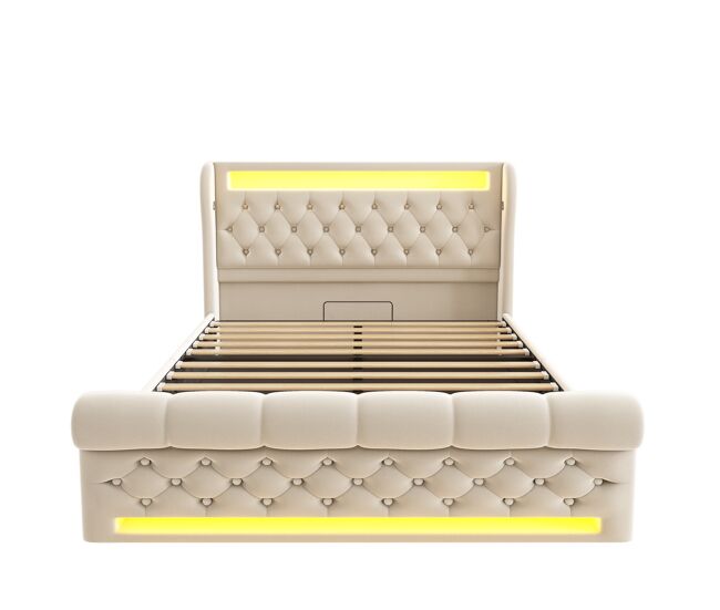Cama estofada moderna 140x200cm - cama com led, cabeceira com arrumação e portas usb e tipo-c, cama hidráulica, bege