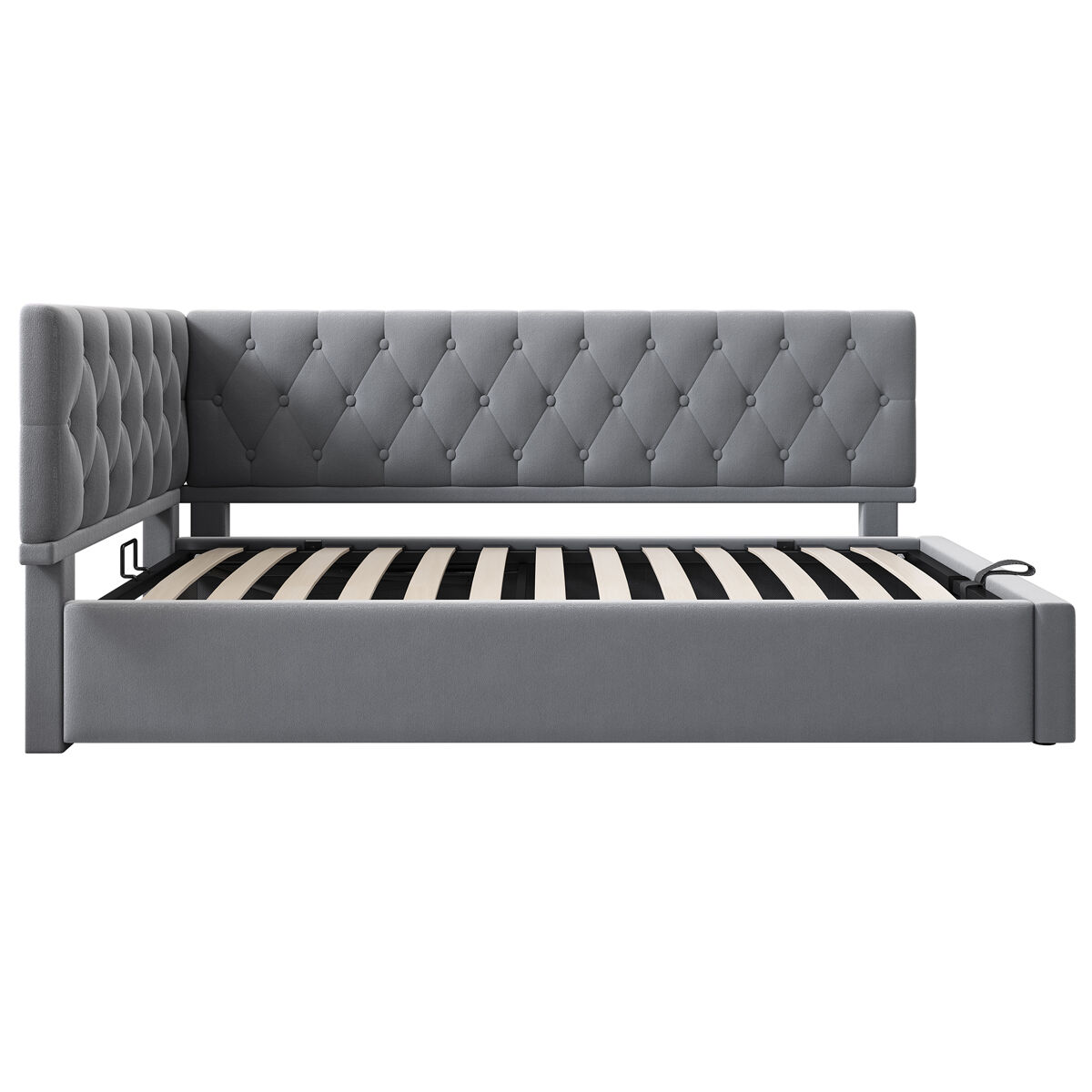 Cama individual 90x200 cm - sofá-cama com armazenamento hidráulico, estrutura em madeira com estrado, veludo - cinza
