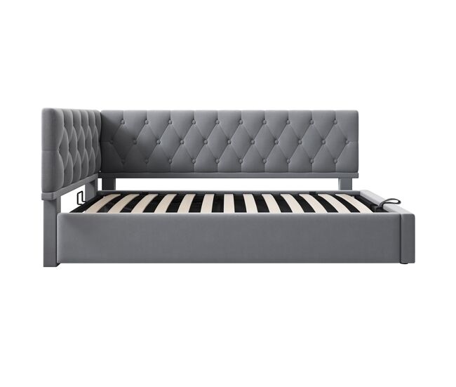 Cama individual 90x200 cm - sofá-cama com armazenamento hidráulico, estrutura em madeira com estrado, veludo - cinza