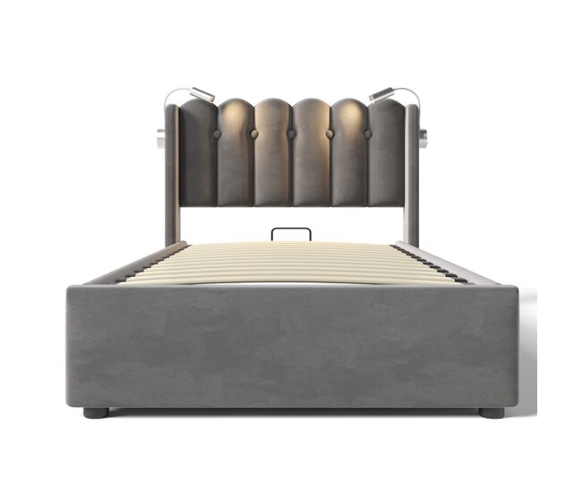 Cama estofada 90x200 - leselicht com carregamento, cabeceira, arrumação, estrutura de cama em veludo - cinza