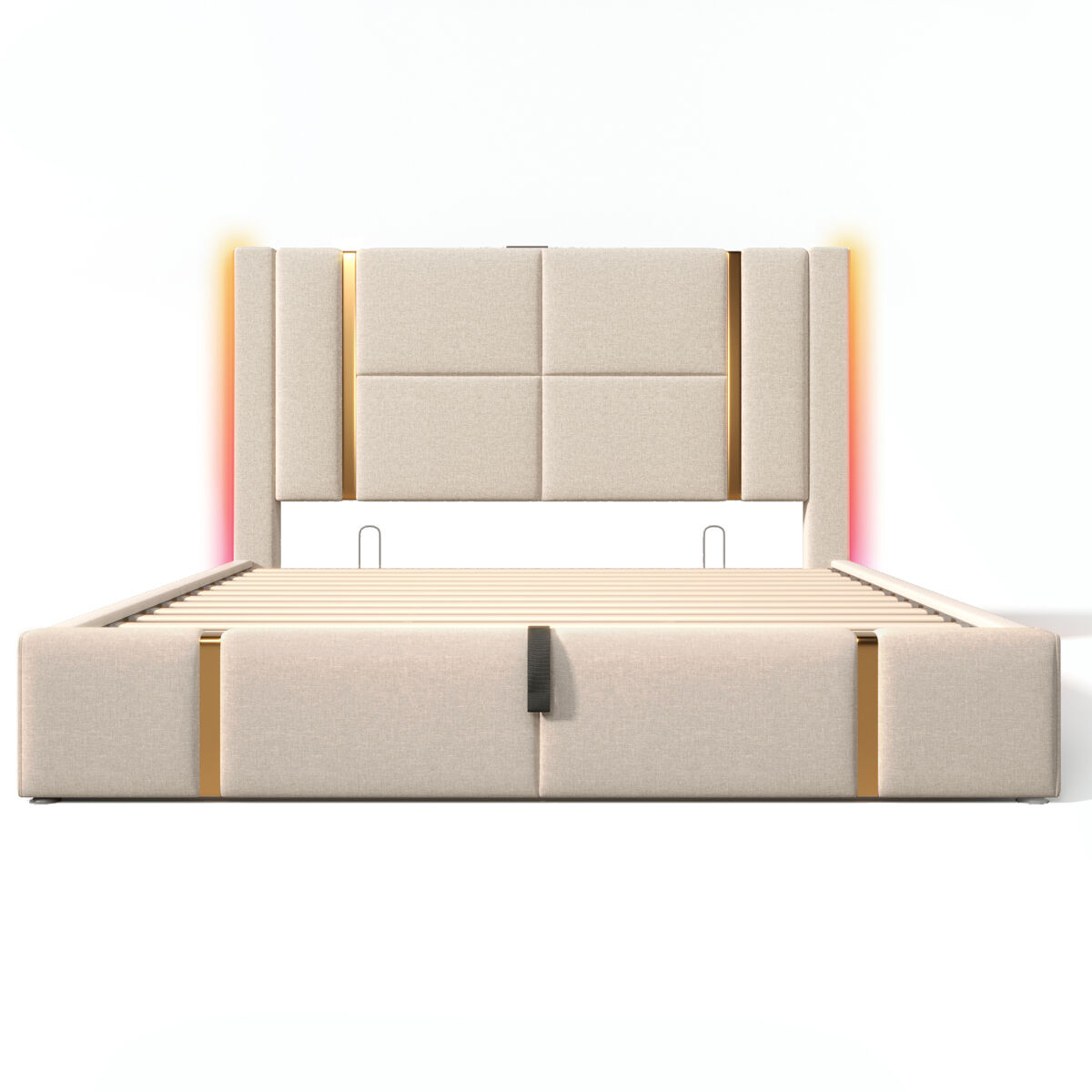 Cama estofada 160x200 - função de carregamento usb tipo c, controlo por app, led, com armazenamento - bege
