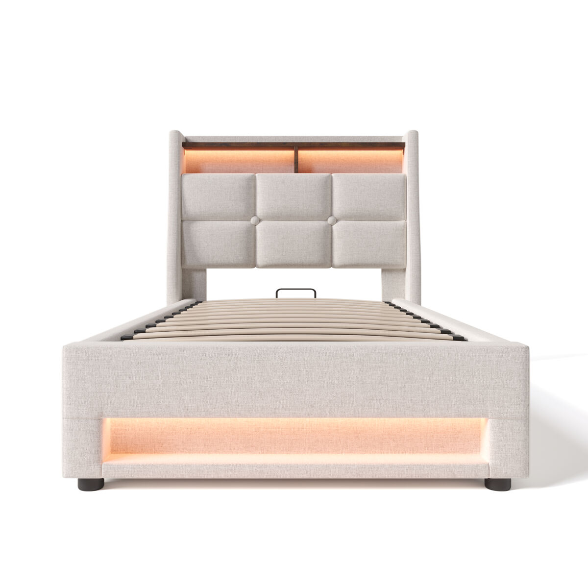 Cama estofada 90x200 - cama led com usb, estrutura metálica, com estrado, material de linho, para jovens - bege