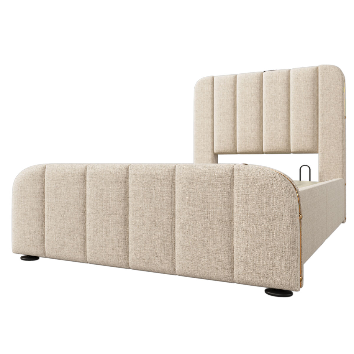 Cama individual 90x200 - cabeceira acolchoada com tiras douradas e carregador usb tipo-c, armazenamento hidráulico - bege