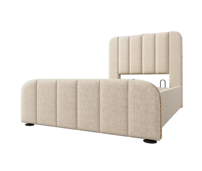Cama individual 90x200 - cabeceira acolchoada com tiras douradas e carregador usb tipo-c, armazenamento hidráulico - bege