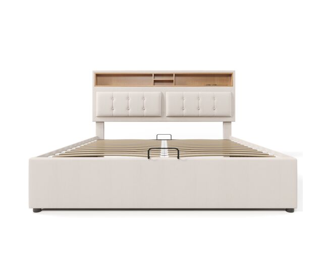 Cama estofada 140x200 cm - com porta usb c e cabeceira - bege