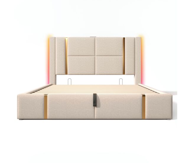 Cama estofada 140x200 - função de carregamento usb tipo c, controlo app, led, cama com arrumação, estrutura em madeira - bege