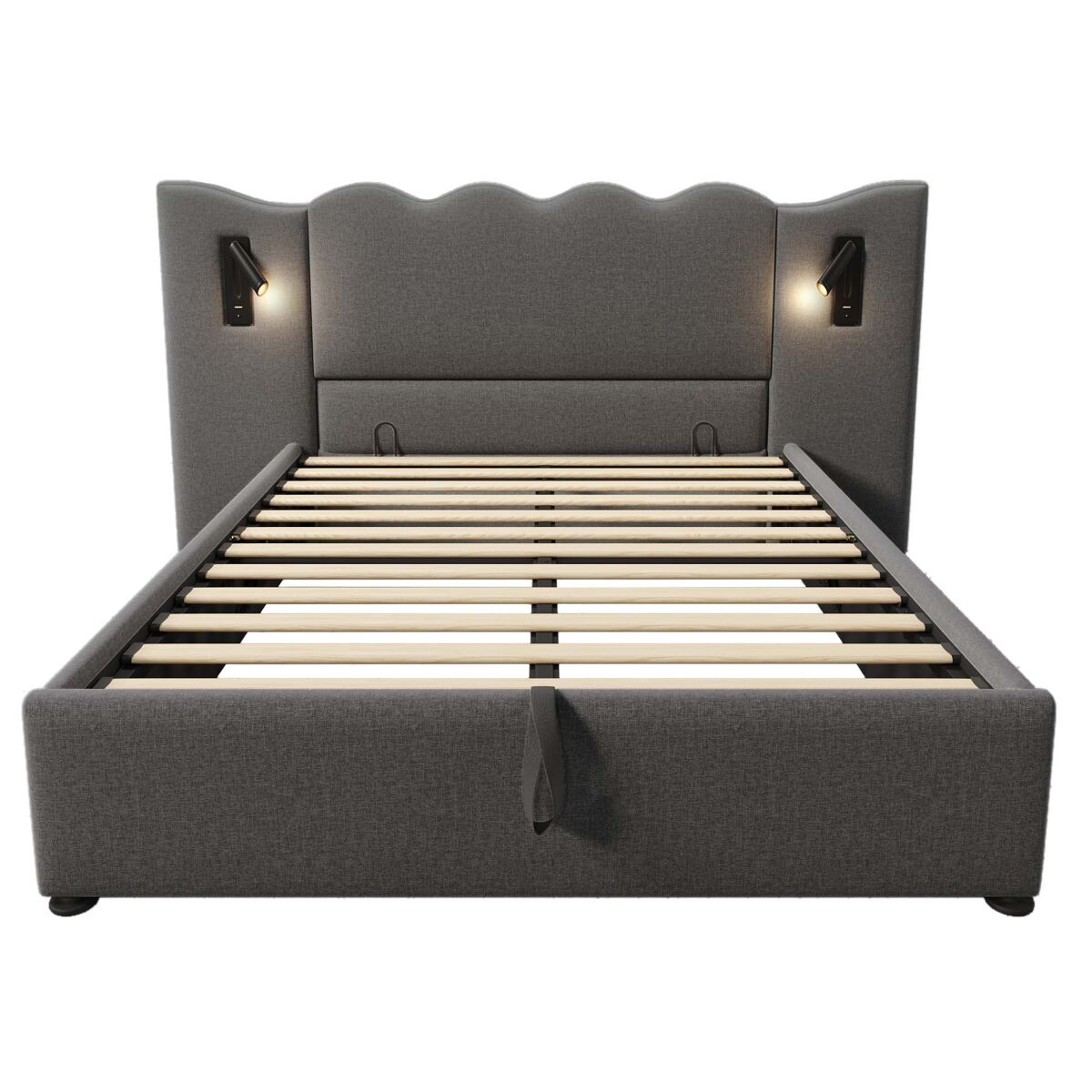 Cama estofada 160x200 com lâmpada de leitura, porta usb type-c e arrumação - cinza