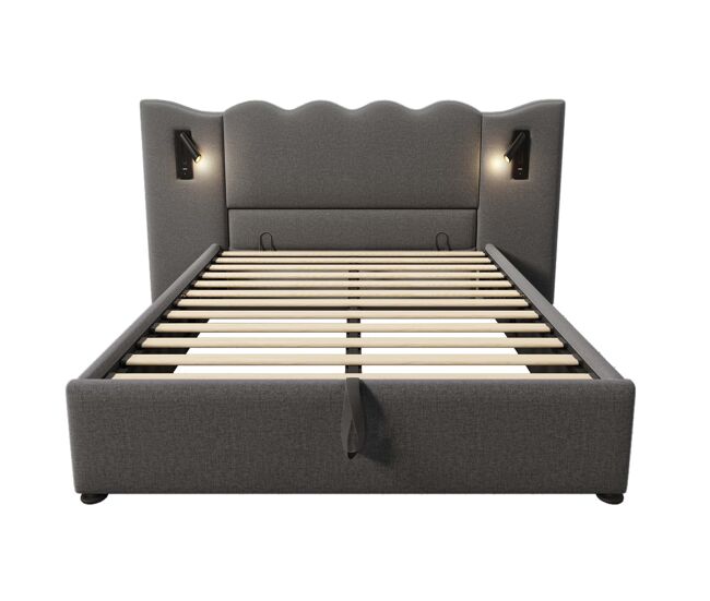 Cama estofada 160x200 com lâmpada de leitura, porta usb type-c e arrumação - cinza